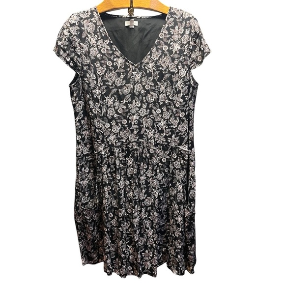 GARNET HILL ~ Black Floral Midi Dress with Pockets White Black Orange - Picture 1 of 9